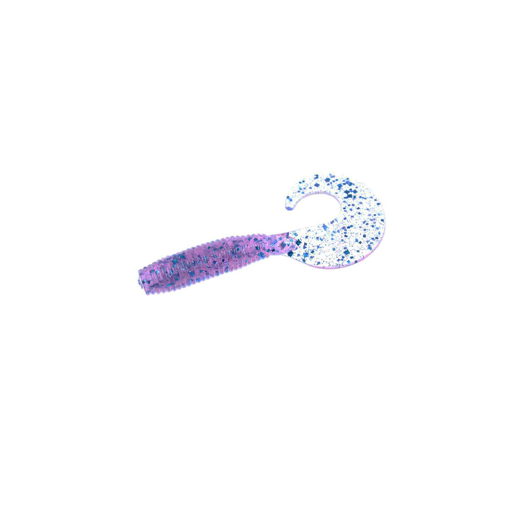 A Zoom Fat Albert Grubs soft plastic fishing lure by Zoom, featuring a chunky profile, curly tail, and a purple and white color with blue speckles, isolated on a white background.