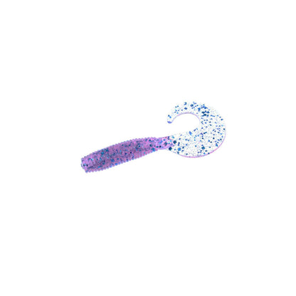A Zoom Fat Albert Grubs soft plastic fishing lure by Zoom, featuring a chunky profile, curly tail, and a purple and white color with blue speckles, isolated on a white background.
