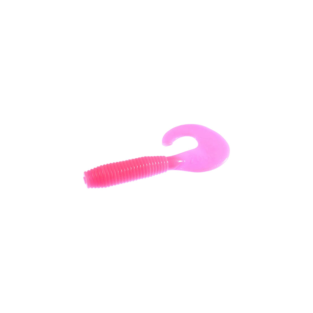 A Zoom Fat Albert Grubs lure by Zoom, featuring bright pink color, a ribbed body, chunky profile, and curled tail for effective bass attraction, is shown on a plain white background.