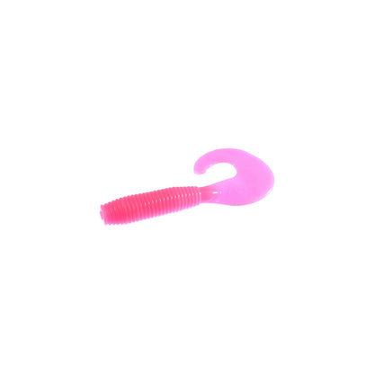 A Zoom Fat Albert Grubs lure by Zoom, featuring bright pink color, a ribbed body, chunky profile, and curled tail for effective bass attraction, is shown on a plain white background.
