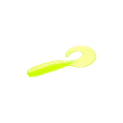 The Zoom Fat Albert Grubs by Zoom are bright yellow soft plastic fishing lures with a ribbed, chunky profile and curly tail, perfect for attracting bass. Shown on a white background.