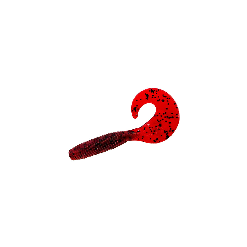 The Zoom Fat Albert Grubs by Zoom is a red, soft plastic fishing lure with a ribbed body, curled tail with black speckles, and a chunky design for bass-catching action, shown on a plain white background.