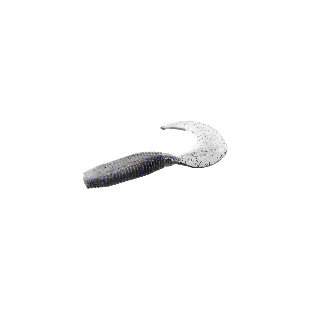 The Zoom Fat Albert Grubs by Zoom is a soft plastic fishing lure featuring a ribbed, chunky body and curled tail, colored gray with black speckles, shown against a white background.