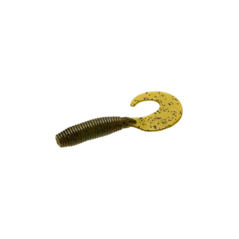 The Zoom Fat Albert Grubs by Zoom is a soft plastic fishing lure with a ribbed dark greenish-brown body and a flattened yellow tail speckled with black, shown against a white background.