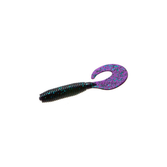 The Zoom Fat Albert Grubs by Zoom is a soft plastic fishing lure with a chunky, ribbed dark green body and a large purple curly tail accented with blue speckles, shown isolated on a white background.