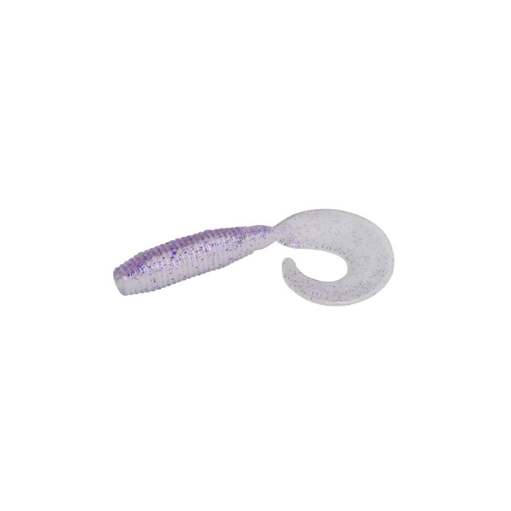 The Zoom Fat Albert Grubs by Zoom feature a ribbed, purple-speckled soft plastic body and translucent curly tail, delivering a chunky profile and lifelike action that expertly mimics baitfish to attract bass.