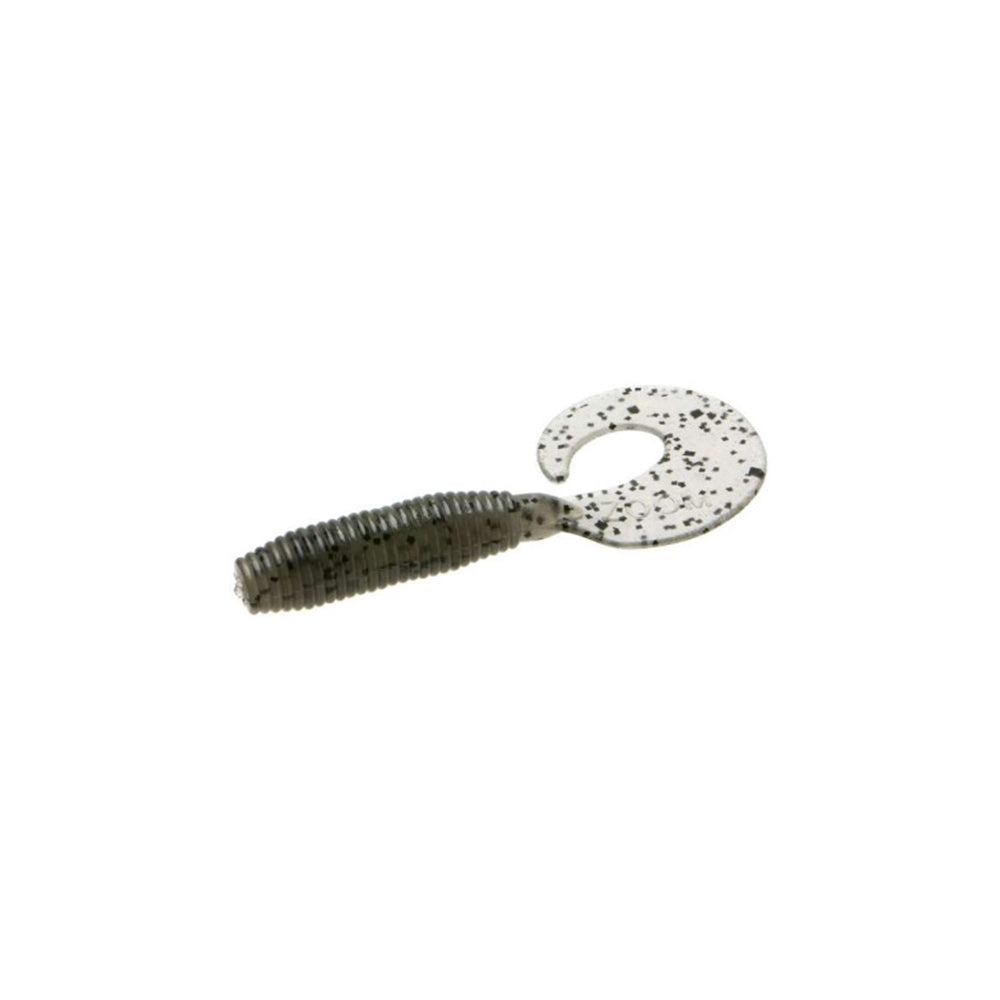 The Zoom Fat Albert Grubs by Zoom is a soft plastic fishing lure with a chunky, ribbed dark gray body and a translucent curly tail speckled with black dots, designed to attract bass, shown isolated on a white background.