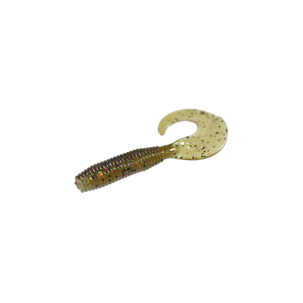 The Zoom Fat Albert Grubs by Zoom features a chunky, ribbed brown body and a curled translucent yellow tail with black and green glitter. Shown on white, this soft plastic lure is ideal for bass fishing action.