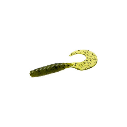 The Zoom Fat Albert Grubs by Zoom are soft plastic fishing lures with a chunky, ribbed body and curly tail in translucent yellow-green with black speckles, designed for powerful bass attraction.