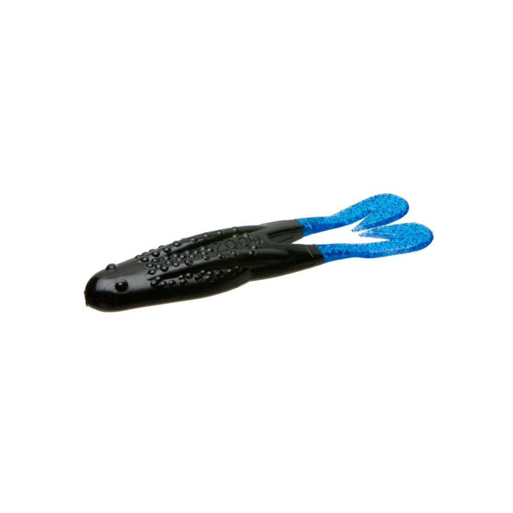 The Zoom Horny Toad is a soft plastic frog-shaped lure with a black body and textured blue legs, designed by Zoom to mimic real amphibians and glide through heavy cover using a weedless hook.