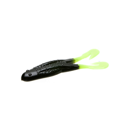 The Zoom Horny Toad by Zoom is a soft plastic fishing lure shaped like a toad, with a dark green body and bright yellow-green curly tails, designed for use with weedless hooks. Shown isolated on a white background.