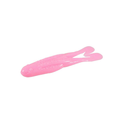 The Zoom Horny Toad by Zoom is a soft, pink, fish-shaped fishing lure with a textured body and split tail, shown on a white background and designed for use with a weedless hook.