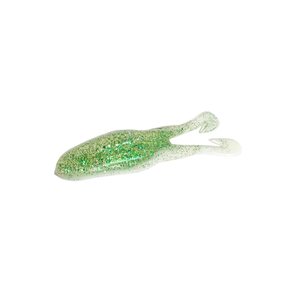 The Zoom Horny Toad by Zoom is a soft plastic lure shaped like a small fish or tadpole, white with green glitter on its back and a split tail—ideal for weedless hooks or as your favorite buzz toad.