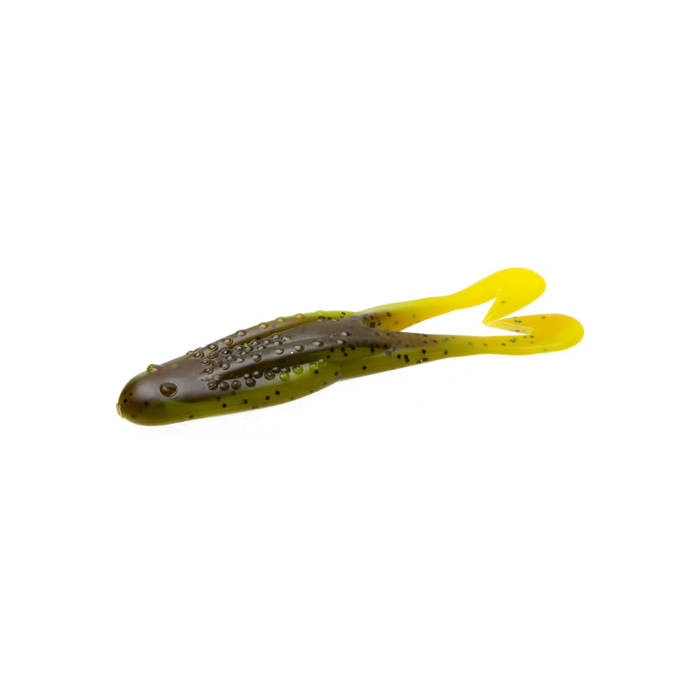 The Zoom Horny Toad by Zoom is a soft plastic fishing lure shaped like a small frog, featuring a green body with black speckles, bright yellow legs, and a weedless hook, displayed on a white background.