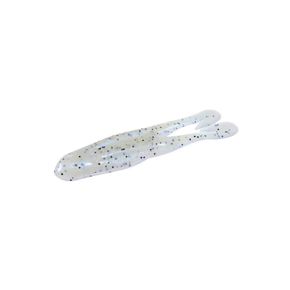 The Zoom Horny Toad by Zoom is a translucent soft plastic lure shaped like a small fish or tadpole, featuring two tails and scattered blue and black specks, ideal for weedless rigging and shown on a white background.