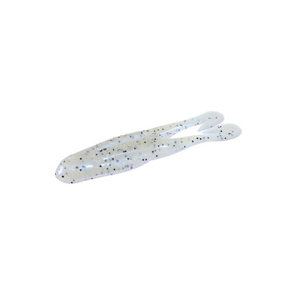 The Zoom Horny Toad by Zoom is a translucent soft plastic lure shaped like a small fish or tadpole, featuring two tails and scattered blue and black specks, ideal for weedless rigging and shown on a white background.