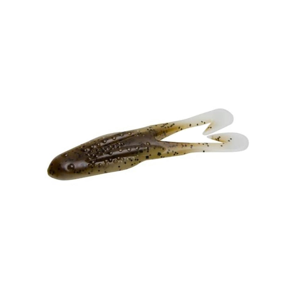 The Zoom Horny Toad by Zoom is a soft plastic lure shaped like a frog, featuring a brown body with black speckles and white legs, designed to attract fish and pair perfectly with weedless hooks for snag-free fishing.