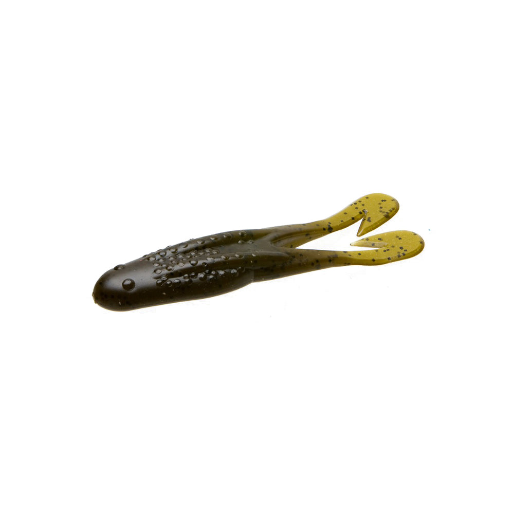 The Zoom Horny Toad by Zoom is a soft plastic fishing lure with two leg-like tails, dark green color, yellow-tinted ends, and black speckles—ideal for weedless hook rigging. Shown against a white background.