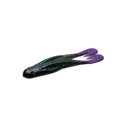 The Zoom Horny Toad by Zoom is a soft plastic buzz toad shaped like a frog, in dark green with blue and purple glitter, featuring two paddle-like legs and designed for weedless hook fishing.