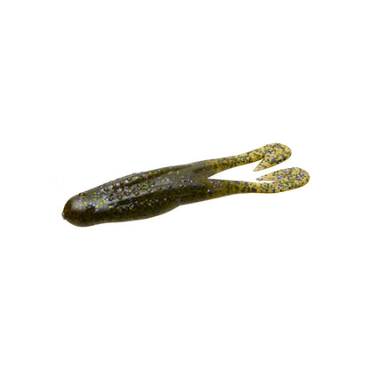 The Zoom Horny Toad by Zoom is a soft plastic frog-shaped fishing lure in green with black and blue speckles, featuring two flat paddle legs and designed for weedless rigging.