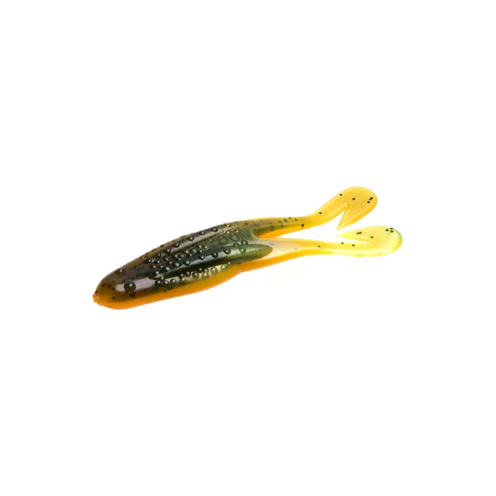 The Zoom Horny Toad by Zoom is a soft plastic fishing lure shaped like a small fish or tadpole, featuring the classic green back, yellow underside, and two tail appendages—ideal for weedless hook setups. Shown on a white background.