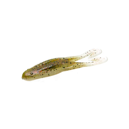 The Zoom Horny Toad by Zoom is a soft plastic fishing lure shaped like a small fish or tadpole in olive green with black and red specks, featuring a forked tail. Ideal for weedless hook rigging, it's displayed on a white background.
