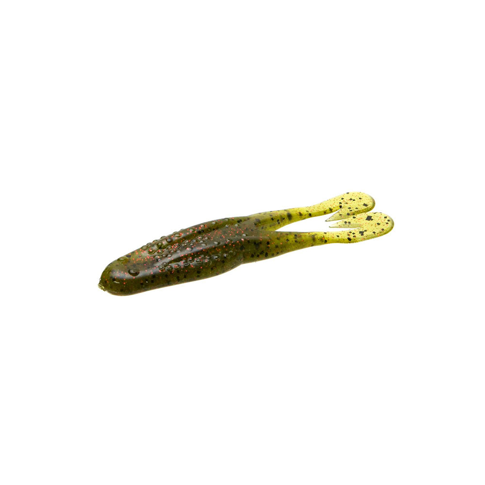The Zoom Horny Toad by Zoom is a green and yellow soft plastic fishing lure with black specks, shaped like a frog or tadpole, featuring two split tail ends. It is displayed on a white background.
