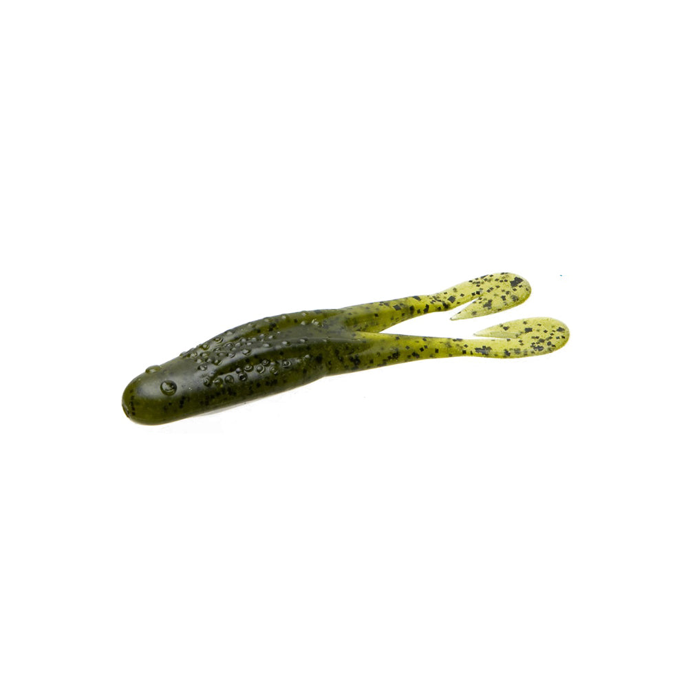 The Zoom Horny Toad by Zoom is a green, soft plastic fishing lure shaped like a tadpole with two long tails and black speckles, perfect for weedless hook setups. Shown on a white background.