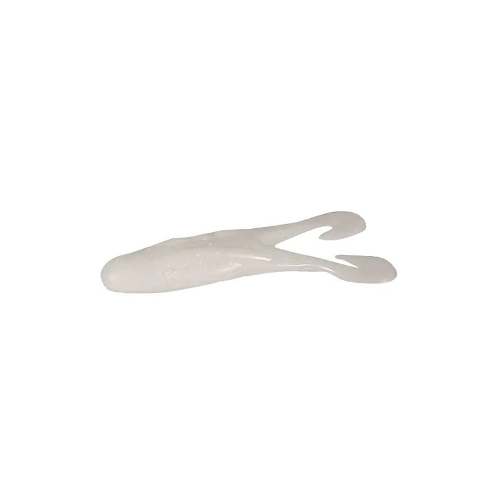 The Zoom Horny Toad by Zoom is a white, soft plastic lure shaped like a small fish with two split tails, made to pair with a weedless hook and mimic the action of a buzz toad. Shown on a plain white background.