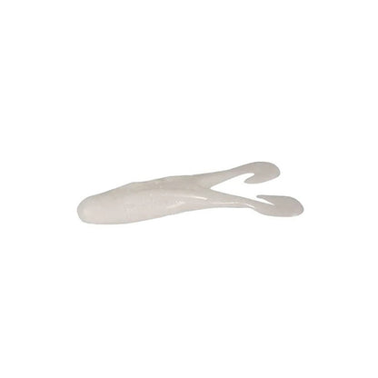 The Zoom Horny Toad by Zoom is a white, soft plastic lure shaped like a small fish with two split tails, made to pair with a weedless hook and mimic the action of a buzz toad. Shown on a plain white background.