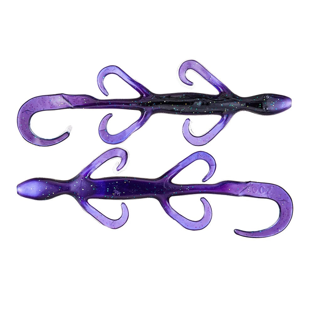 Two Zoom Lizard 6" Gooseberry soft plastic fishing lures, shaped like lizards with curled tails and multiple limbs, feature purple color with glitter specks throughout.
