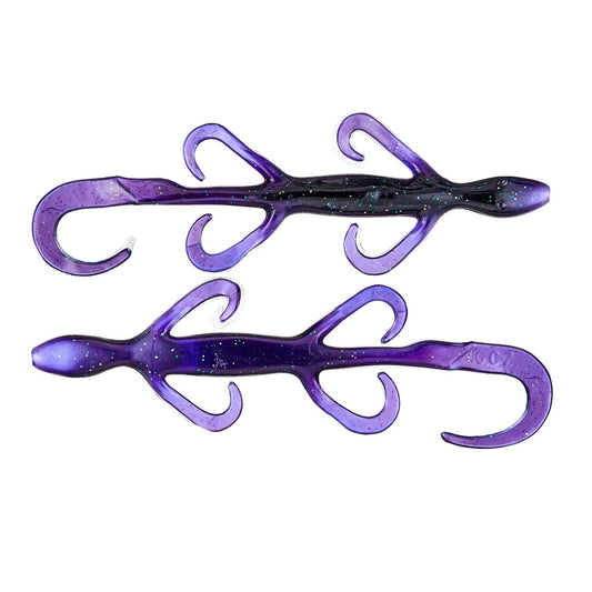 Two Zoom Lizard 6" Gooseberry soft plastic fishing lures, shaped like lizards with curled tails and multiple limbs, feature purple color with glitter specks throughout.