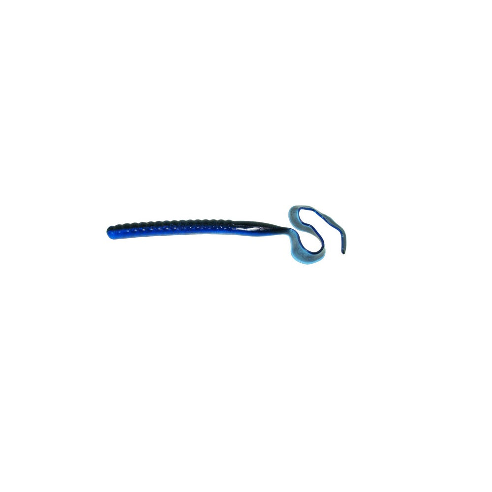 The Zoom Ol' Monster, a blue plastic worm-shaped fishing lure by Zoom with a curled tail, ideal for catching big bass, is shown on a plain white background.
