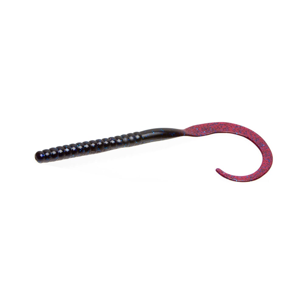 The Zoom Ol' Monster by Zoom is a large black worm lure with a red curled tail and black speckles, ideal for freshwater fishing and perfect for tournament anglers targeting big bass.