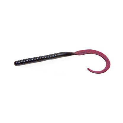 The Zoom Ol' Monster by Zoom is a large black worm lure with a red curled tail and black speckles, ideal for freshwater fishing and perfect for tournament anglers targeting big bass.