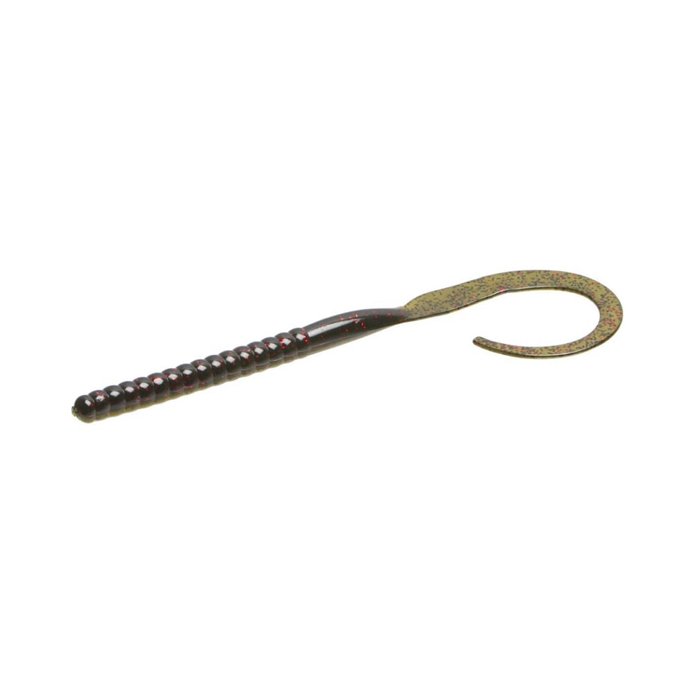 The Zoom Ol' Monster by Zoom is a soft plastic big worm lure featuring a ribbed body and long, curled tail in dark green with red specks—ideal for enticing large bass and favored by tournament anglers.
