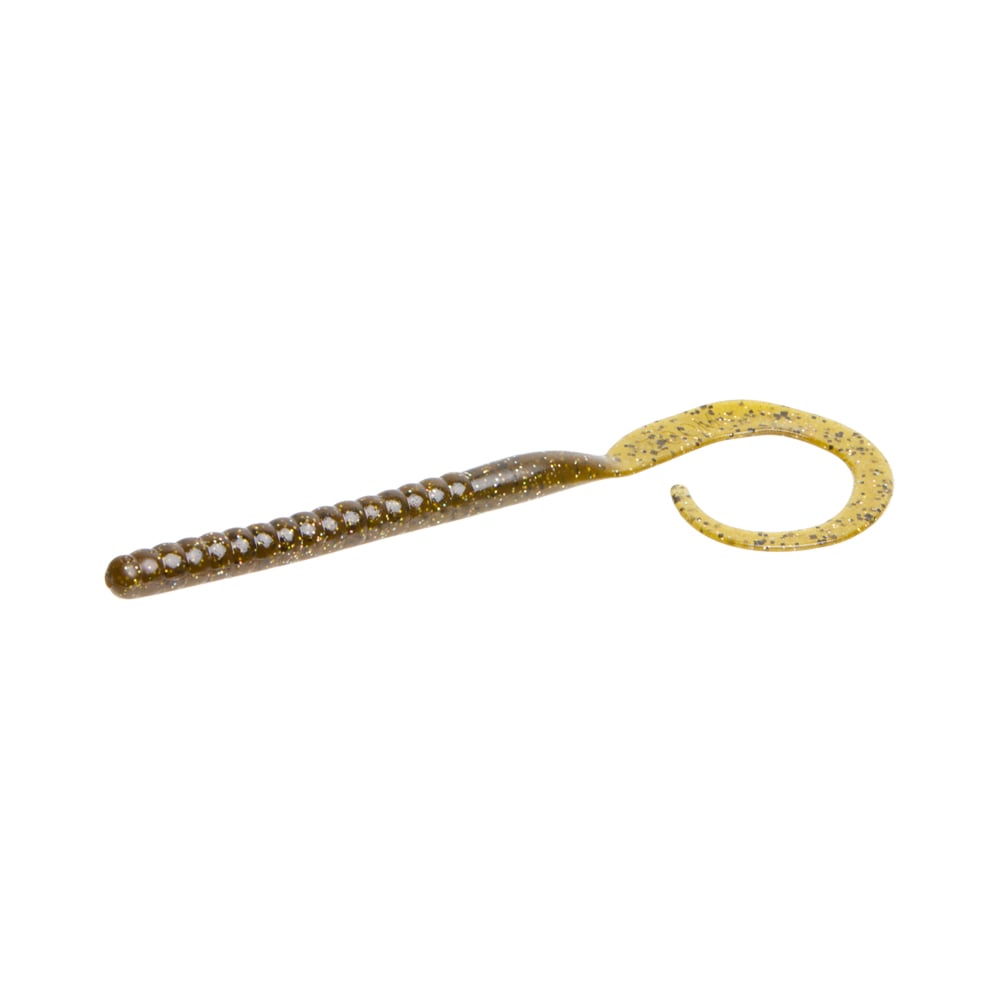 The Zoom Ol' Monster by Zoom is a large, segmented soft plastic worm with a curled tail, featuring brown and yellow hues with black speckles—ideal for tournament anglers targeting big bass.