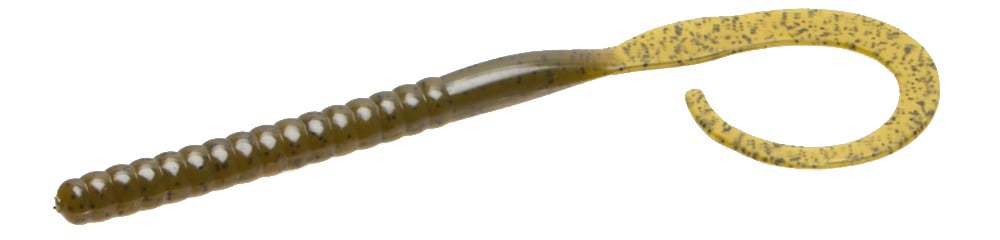 The Zoom Ol’ Monster by Zoom is a soft plastic big worm lure with a ribbed, cylindrical body and curly tail. Olive green with black speckles and a lighter, translucent tail, it’s ideal for tournament anglers.