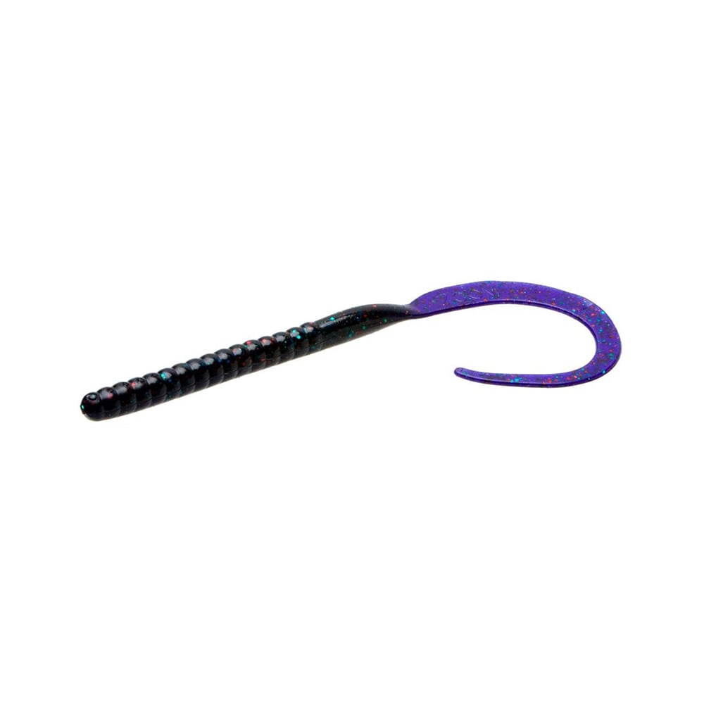 The Zoom Ol' Monster by Zoom is a soft plastic big worm with a ribbed body and long curled tail in dark purple with blue and red flakes—ideal for catching trophy bass prized by tournament anglers.