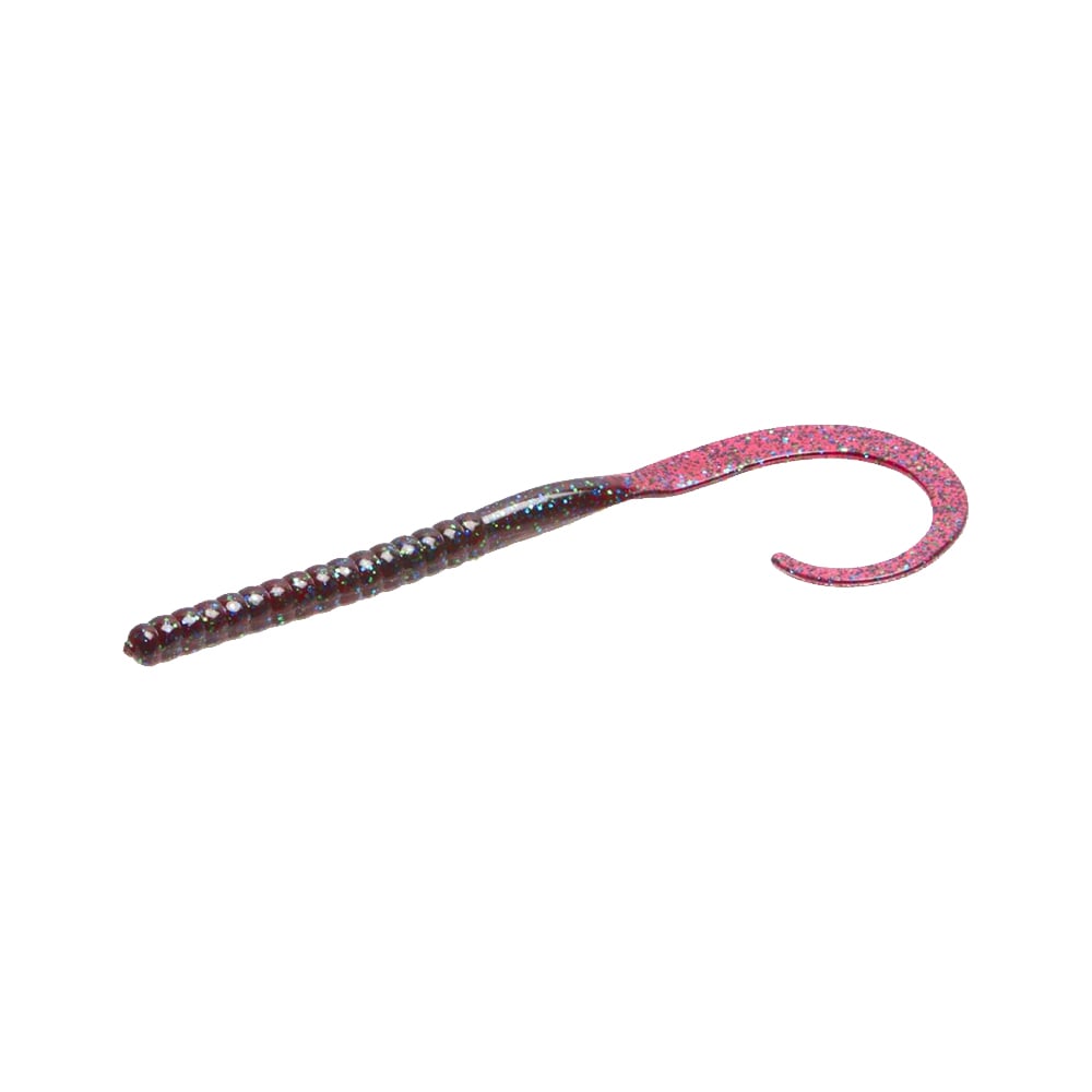 The Zoom Ol' Monster by Zoom is a soft plastic big worm lure with a ribbed body and curly tail, in dark brown with pink glitter—ideal for tournament anglers targeting big bass.