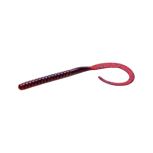 The Zoom Magnum Ol' Monster by Zoom is a soft plastic, worm-shaped fishing lure with a ribbed body and long, supple tail. Its dark red color with blue specks is crafted to attract big fish.