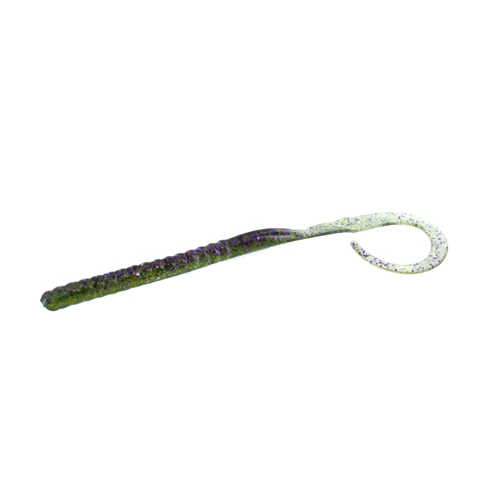 The Zoom Ol' Monster by Zoom is a soft plastic big worm lure featuring a ribbed body and curly tail in light green with purple and black speckles—ideal for catching large bass.