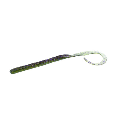 The Zoom Ol' Monster by Zoom is a soft plastic big worm lure featuring a ribbed body and curly tail in light green with purple and black speckles—ideal for catching large bass.