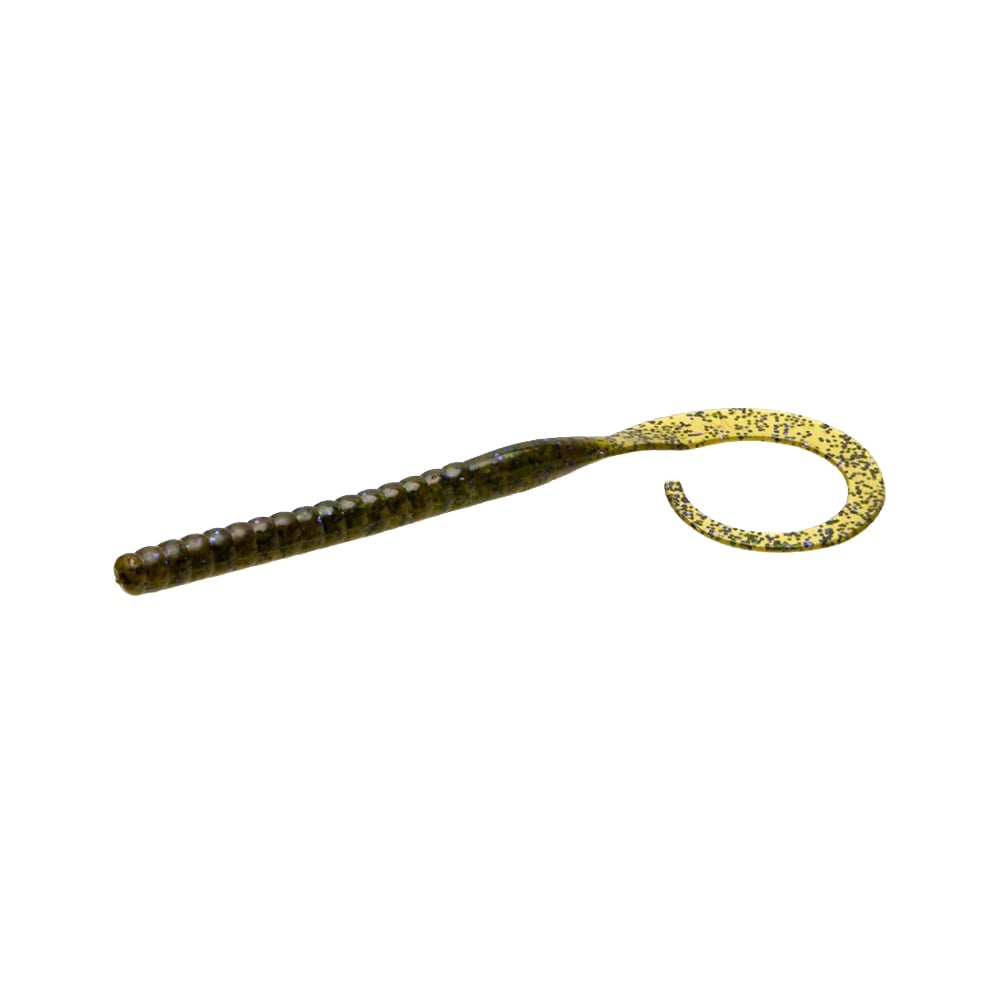The Zoom Ol' Monster by Zoom is a soft plastic big worm lure featuring a ribbed body and curly tail, colored green with black and yellow speckles—ideal for tournament anglers targeting trophy bass.