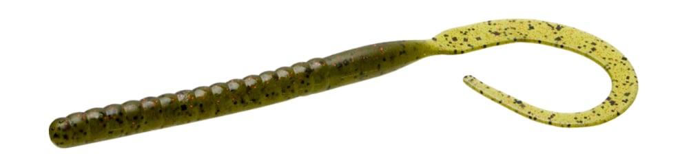 The Zoom Ol' Monster by Zoom is a green and yellow soft plastic worm lure with a ribbed body, curly tail, and black flakes—ideal for catching big bass and a favorite among tournament anglers.