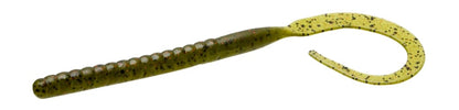 The Zoom Ol' Monster by Zoom is a green and yellow soft plastic worm lure with a ribbed body, curly tail, and black flakes—ideal for catching big bass and a favorite among tournament anglers.