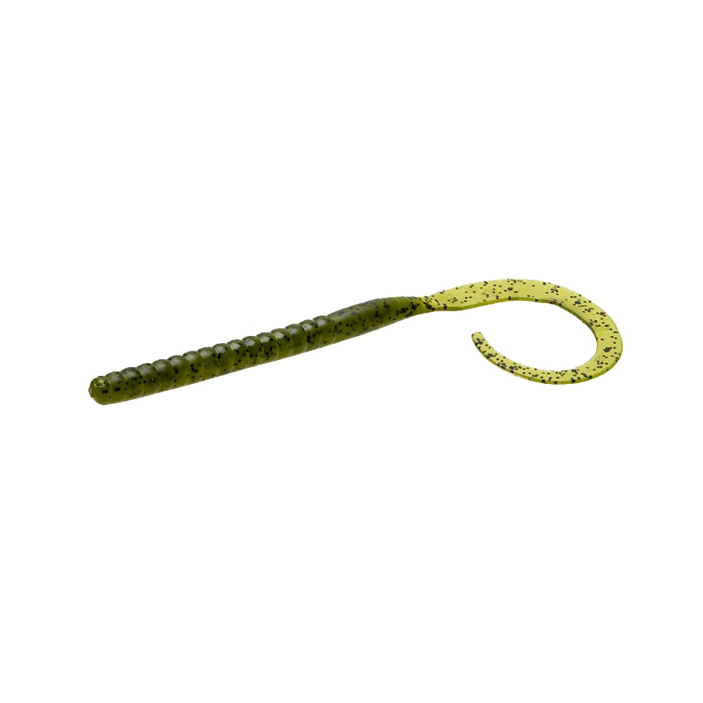 The Zoom Ol' Monster by Zoom is a green, soft plastic big worm lure featuring a ribbed, cylindrical body, curled tail, and black speckles. Favored by tournament anglers for attracting large bass. Shown on a plain white background.