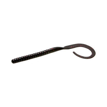 The Zoom Ol' Monster by Zoom is a soft plastic worm lure featuring a ribbed body and curly tail, in a dark color with red flecks—ideal for tournament bass anglers seeking big catches.