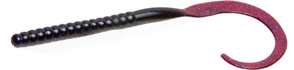 The Zoom Magnum Ol' Monster by Zoom is a soft plastic worm-shaped lure featuring a ribbed dark body and a supple, curly red tail with blue and black specks—perfect for attracting big fish.