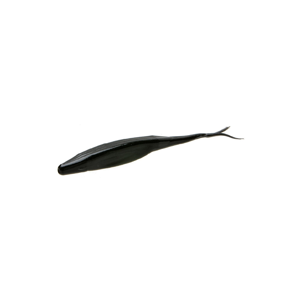 The Zoom Super Fluke by Zoom is a black, soft plastic bass fishing lure with a slender body and split tail, shaped like a small baitfish, displayed on a plain white background.